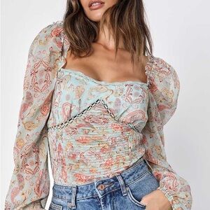 NWT Lulus Size XS Retro Charisma Light Blue Paisley Chiffon Long Sleeve